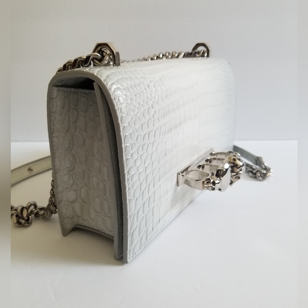 Alexander McQueen Medium Four Ring Croc-Embossed Leather Crossbody Light Gray - Picture 3 of 11